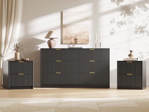 MAISONARIA 3-Piece Dresser Bedroom Set, 6 Drawer Dresser & 2 Drawer Nightstands with Gold Handles, Fluted Wood Chest of Drawers for Bedroom, Living Room, Entryway, Black