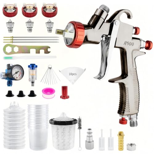 SRQ R500 LVLP Spray Gun Kit Includes 650ml Mixing Cup and 10 Disposable Cups Automotive Spray Gun Kit Equipped with 1.3/1.5/1.7mm Nozzles. Professional Air Paint Spray Gun Suitable for Clear Coats