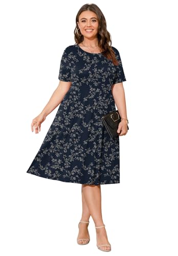 Image of POSESHE Womens Plus Size Summer Dress 2026 Casual Short Sleeve Empire Waist Loose Fit Swing T-Shirt Dress with Pockets