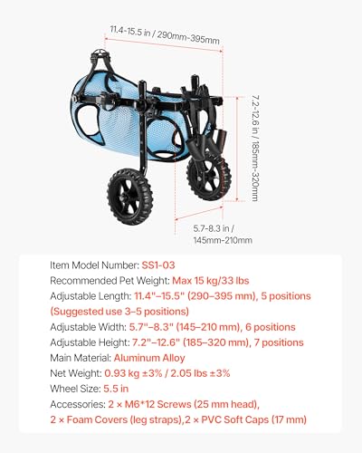 VEVOR Hunderollstuhl für Hinterbeine, Verstellbarer Haustierrollstuhl, Leichter Hundewagen mit stoßdämpfenden Rädern, Gehhilfe für behinderte, gelähmte, verletzte Hunde bis 15 kg, M
