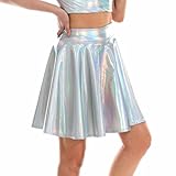 Daysskk Wetlook Rock Damen Minirock Metallic Silber Faltenrock Damen Hohe Taille Skaterrock Lederrock Stretch Glockenrock Damen Karneval Fasching L