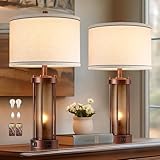 Set of 2 Farmhouse Table Lamps for Living Room, Rustic Bedside Lamps with 2 USB Charging Ports, Bedroom Nightstand Lamp with Amber Frosted Glass Nightlight, 4 Bulbs Includes