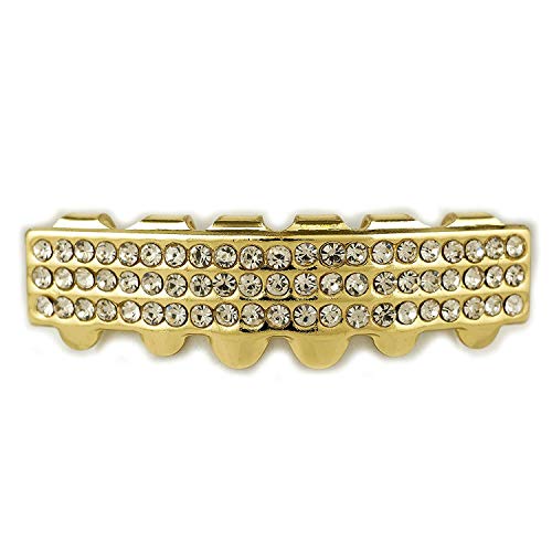 NIV'S BLING - 14K Yellow Gold-Plated Iced 3 Row 6 Tooth Grillz (Top/Bottom/Set)