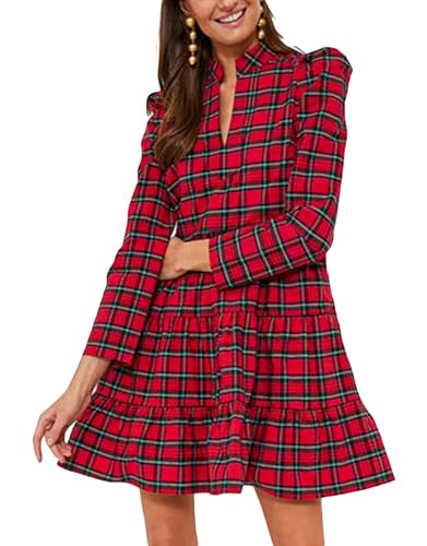 Women's Plaid Print Tunic Dress Long Sleeve V Neck Loose Shirt Dress Ruffle Hem Casual Swing Babydoll Dress