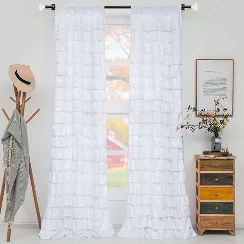 WestWeir White Ruffle Curtains 2 Panels - Shabby Chic Romantic Drapes for Bedroom, Fluffy Aesthetic Backdrop, Farmhouse Décor (W42 inch x L 72 in Set of 2)