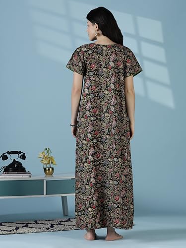 Image of 9shines Label Stylish Pure Cotton Nighty Maxi for Women | Embroidery Neckline Nightgown | A-Line Nightdress with Pocket | Floral Night Gown| Soft Comfortable Cotton Sleepwear (Cotton Yoke)