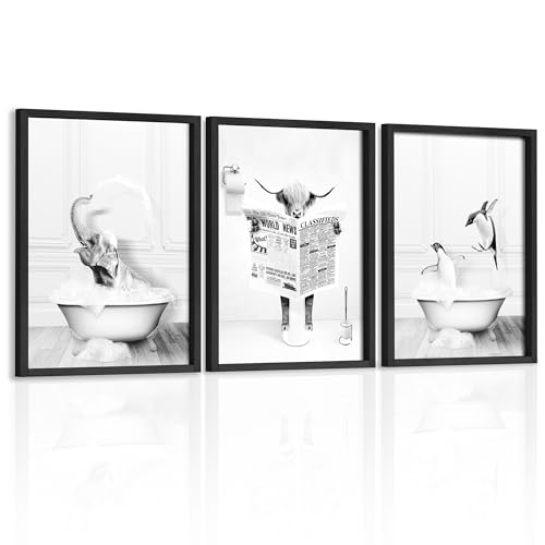 Set of 3 Framed Bathroom Wall Art Funny Penguin, Cow & Elephant for Funny Bathroom Wall Decor Hanging Farmhouse Home Bathroom Decor Sets Vintage Humor Animals Wall Art Bathroom (Black, 11″x14″)
