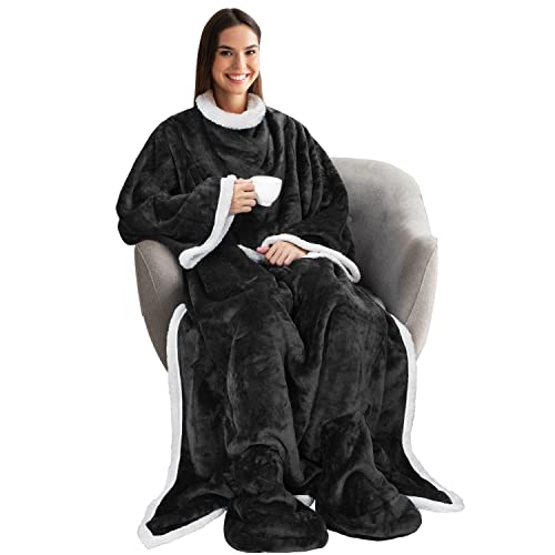 Wearable Blanket with Sleeves and Foot Pocket, Silent Night Snugsie Wearable Blanket, Soft Cosy Fleece Blankets for Sofa, Winter Gift for Family, 190 x 135 cm, Black