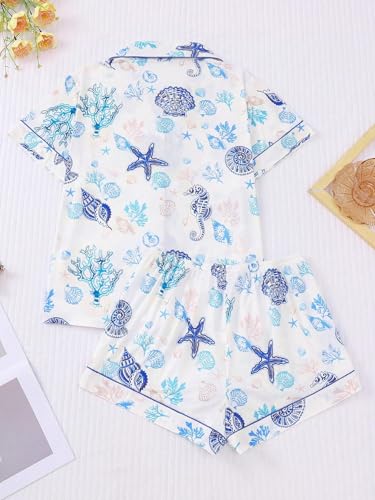 Women's 2 Piece Summer Ocean Print Pajama Sets Starfish Shell Sleepwear Short Sleeve Nightwear Soft Lounge Sets2