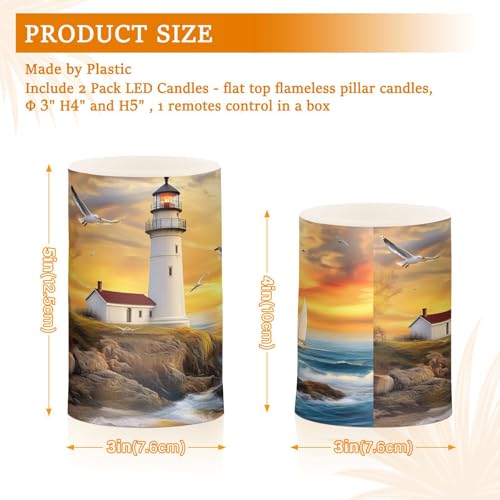 Image of Lighthouse Ocean Seagulls Sailboat Flickering Flameless Candles LED Battery Operated with Remote Timer Pillar Candles for Home Birthday Wedding Christmas Decor, Set of 2