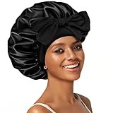 Confvrter Silk Bonnet Satin Bonnet for Sleeping Large Bonnets with Tie Band Hair Wrap with Adjustable Straps Hair Cap for Women Curly Black