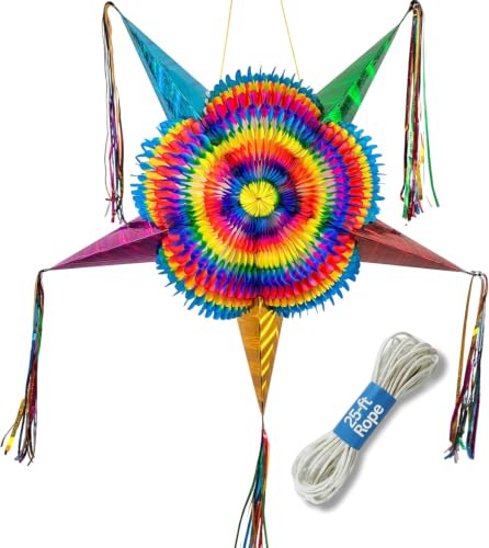 Mexican Pinata, Large 32', Rainbow Party Piñata, 25-ft Rope Included