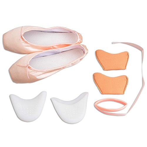 Kukome Womens Girls Satin Ballet Pointe Shoes With Ribbon And Toe Pads Pink #TOP5