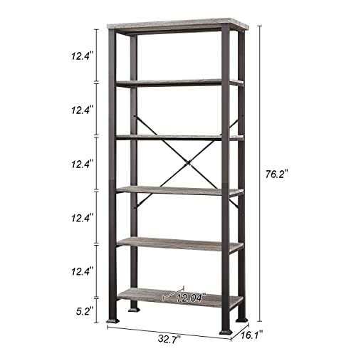 Hombazaar Bookshelf, 6-Tier Vintage Industrial Book Shelf, Rustic Wood And Metal Bookcase And Bookshelves, Free Standing Storage Large Bookshelf For Living Room, Bedroom And Kitchen, Grey Oak #TOP1