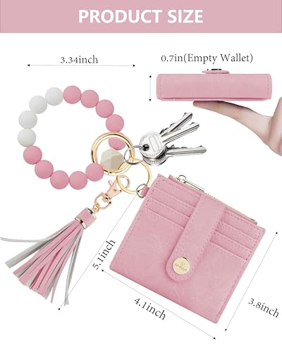 Image of Small Wristlet Wallets for Women Keychain Wristlet Wallet RFID Blocking Key Chain Wallet With Zipper Coin Pocke,2 Id Window(Pink)