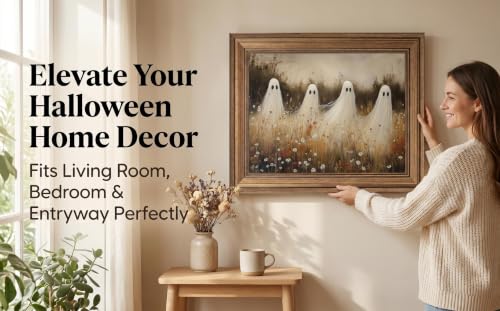 NITERNY ART Framed Vintage Halloween Canvas Wall Art, Funny Cute Ghosts in Wildflower Meadow Painting Print, Rustic Spooky Fall Aesthetic Decor for Living Room, Bedroom, Farmhouse Home, Ready to Hang (12"L x 9.5"W) - image 3