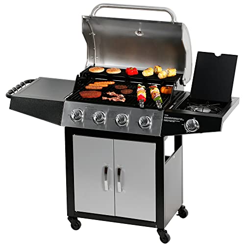 MASTER COOK 4 Burners Gas Grill, 518 Sqin Cooking Area, 52,000 BTU Propane Grill with Side Burner, Stainless Steel Cabinet Grill, Silver & Black