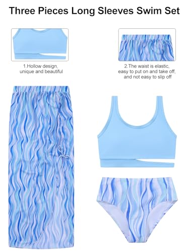 Girls Swimsuit Bikini Set 3 Piece Bathing Suit Tropical Floral Swimwear with Cover Up Skirt 9-16Y4