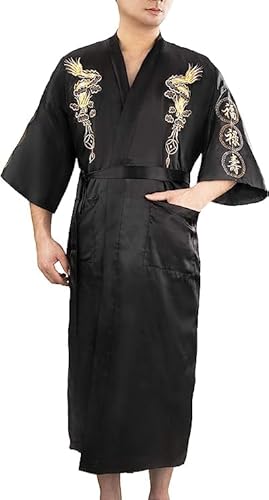Bon amixyl Herren-Kimono-Bademantel aus Seide, japanischer Drachen-Bademantel, chinesischer Kimono-Bademantel, vorne offen, langer Umhang mit Gürtel, Schwarz, XX-Large
