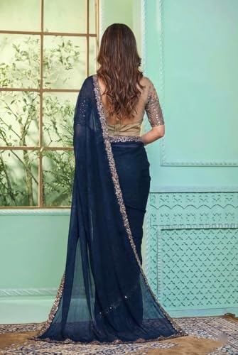 Image of Women's Bollywood Heavy Sequins Embroidery Work Georgette Saree with Unstitched Blouse