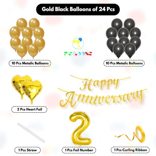 Image of Flyloons 2nd Happy Anniversary Decoration Items Gold Black for Men Women Husband Wife Mom Dad Parent Couple Home Bedroom Car With 20 Pcs Metallic Balloons Anniversary Banner 2 Pcs Heart Set Kit Golden