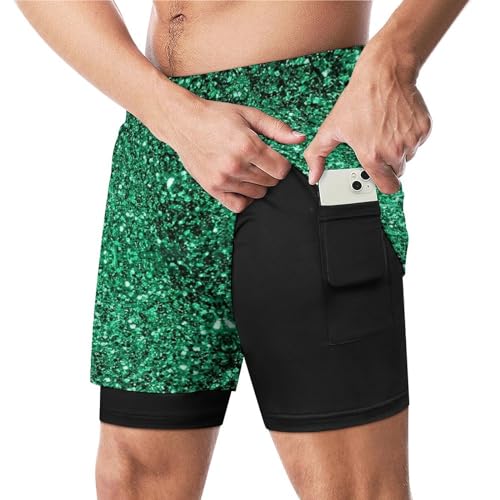 Beautiful Emerald Green Glitter Sparkles Beach Shorts for Men Swim Trunks Quick Dry Swim Shorts with Compression Liner Pocket4