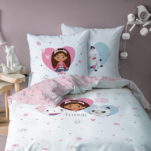 MTOnlinehandel Gabby Parure de lit 2 pièces en coton avec housse de couette 135 x 200 cm et 80 x 80 cm pour enfant fille Motif chat Gabby's Dollhouse