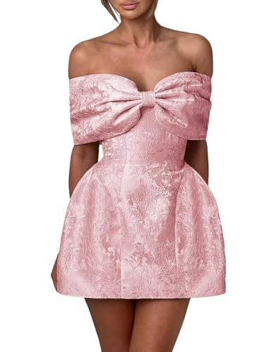 Youjiayi Satin Jacquard Homecoming Dresses with Bow Strapless Short Prom Dress Off Shoulder DAMA Dresses for Quinceanera