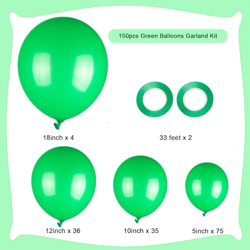 Image of 150pcs Green Balloons Different Sizes Pack, 18 12 10 5 Inch Party Balloon Garland Arch Kit for Birthday Dinosaur Baby Shower Jungle Forest Theme Party Decorations(With 2 Ribbons)