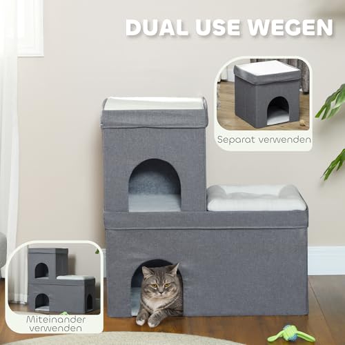 PawHut Katzenhöhle Katzenhütte, Katzenhaus mit 3 Ebenen, Katzenbett mit Kissen, Hundehaus für Katzen bis 5 kg, 74 x 37,5 x 78,5 cm, Grau