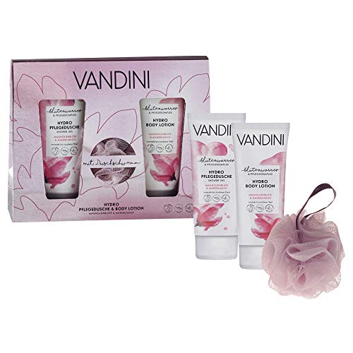 Preisvergleich Produktbild VANDINI Geschenkset mit Massage-Schwamm, HYDRO Bodylotion & Pflegedusche (2x200ml) - Magnolienblüte & Mandelmilch