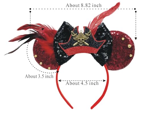 image for QHQ-SHININGLIFI Pirate Mouse Ears Headband, Red and Black Sequin, Skul