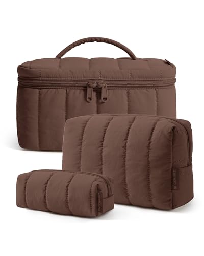Image of BAGSMART Puffy Travel Makeup Set, 3 Pc Cosmetic Pouch, Chocolate Brown