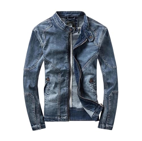Men's Slim Fit Denim Jacket Zipper Pocket Motorcycle Style Jean Jacket