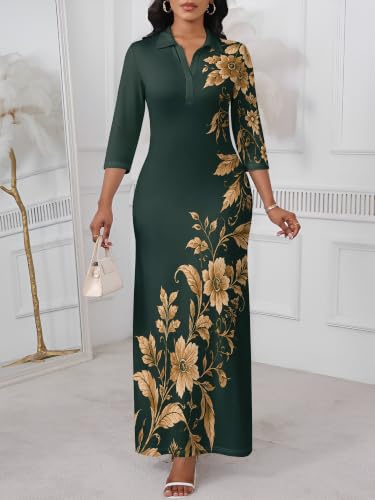 Image of PinkPatty Women's Casual 3 /4 Sleeve Polo V Neck Bodycon Maxi Dress