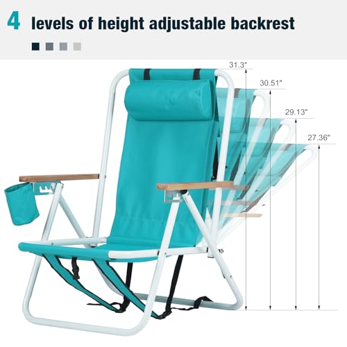 Folding Beach Chair Adjustable Headrest w/4 Flexible Tilt Angle, with Backpack Design, Headrests, Cup Holders & Armrests - Ideal for Sand,Camping, Lawn Concerts (Headrest,Mint Green, 1 pcs) - image 5