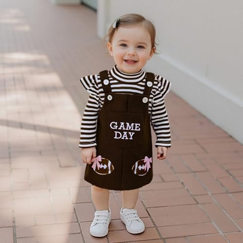 Baby Girl Game Day Football Outfit Long Sleeve Turlteneck Striped Romper Corduroy Overall Skirt Set Fall Clothes2
