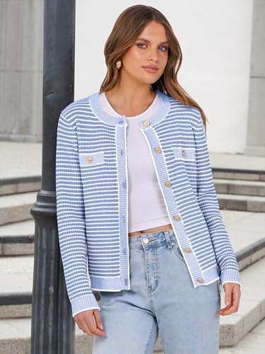 Image of ANRABESS Women's Striped Cardigan Sweaters Casual Long Sleeve Open Front Button Down Knit Cropped Jackets Fall Coat Outerwear