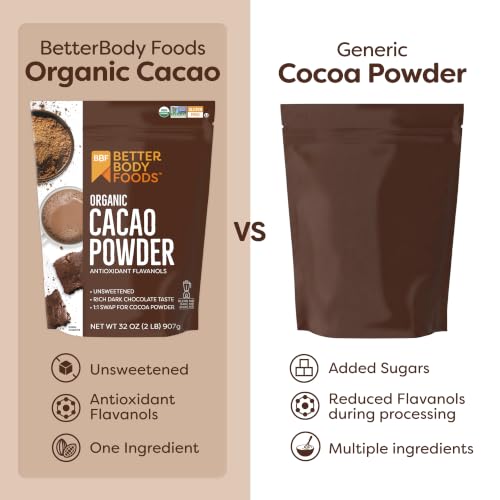 Image of BetterBody Foods Organic Cacao Powder, Unsweetened for Baking, Cocoa, 32 Ounce (Pack of 8)