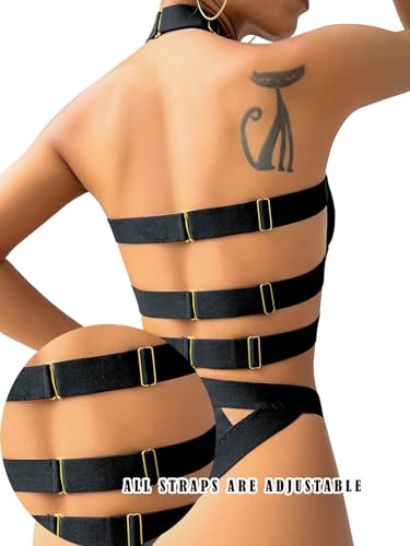 Lilosy Sexy Chocker Halter Cutout Strappy Rave Outfits Push Up Garter Belt Women Mesh Sheer Lingerie Set Harness Bra Panty2