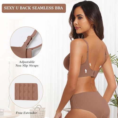 OEAK Womens Seamless Bra Push Up V Neck Bralettes Adjustable Wireless Padded Comfort Bras Adjustable Basic Everyday Bras XXL Coffee3
