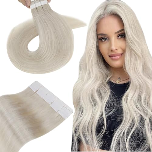 Hetto Tape in Hair Extensions Human Hair Platinum Blonde 22 Inch, Invisible Tape in Human Hair Extensions