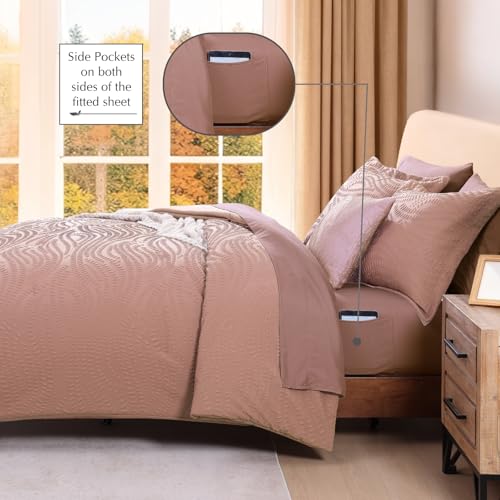 Image of King Size Comforter Set- 7 Pieces Dusty Pink Bed in a Bag King Bedding Sets | All Season Soft Botanical Textured Comforter Bed set with Sheets, Pillowcases & Shams