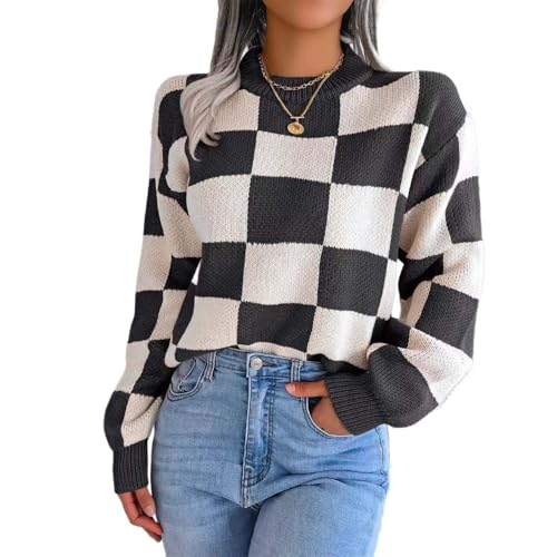 トップス LINKS CHECK KNIT PULLOVER Women's Color Block Checkered Crew Neck Long Sleeve Y2K