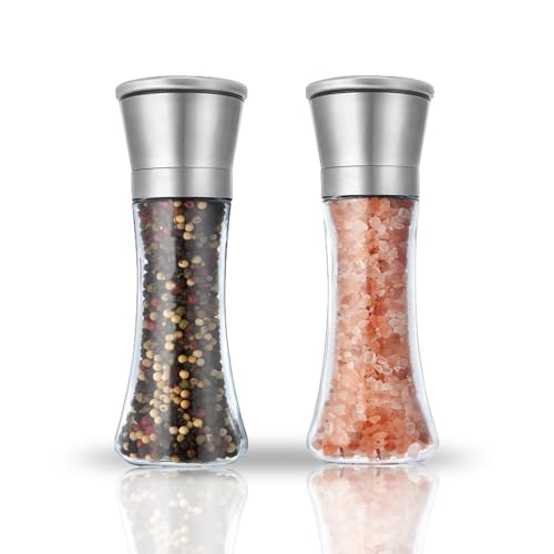2 Pcs Salt and Pepper Grinder Set - Food Grade Stainless Steel Glass Bottle Shakers Adjustable Thickness and Size of Salt and Pepper for Condiment and BBQ[Without Spice Content] (Tall)