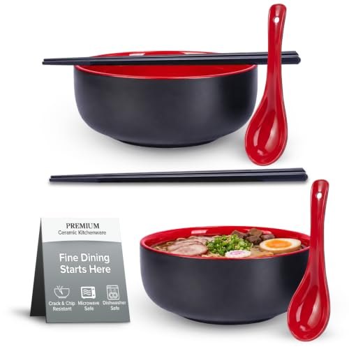 Ramen Bowl Set of 2 with Chopsticks and Spoons, 6.3" Black and Red, 37 oz