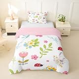 Homewish Juego de funda de edredón con diseño botánico de flores y flores, diseño de mariquitas, diseño de flores y lunares, color rosa