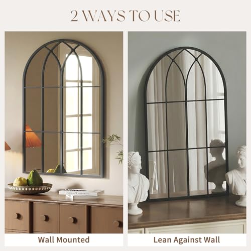 Image of Uniclinens Window Arched Wall Mirror - Large Farmhouse Black Cathedral Gothic Mirror for Wall Decor with Arched Metal Window Pane Frame, Ideal for Entryway, Fireplace, Living Room, Bathroom 40 inchX24 inch