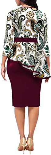 Bttup Womens African Tribal Print Pleated 3/4 Sleeve Dress Crew Neck Peplum Wear To Work Bodycon Dresses #TOP1