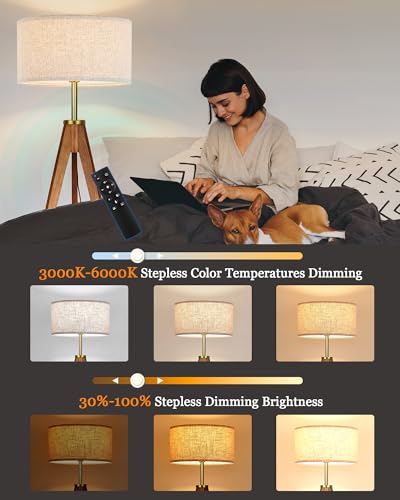 Image of ELYONA Floor Lamp for Living Room, Solid Ash Wood Tripod Floor Lamp with Remote Control, Stepless Dimmable Standing Lamp for Bedroom, Office, Tall Lamp with Linen Shade, Mid Century Modern & Farmhouse